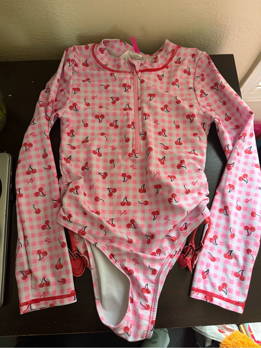 Kids Betsey Johnson Pink Cherry Long-Sleeve Swim Suit size 10